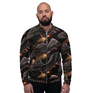 męska bluza bomber z grafiką czarnych skrzydeł i płonących włóczni