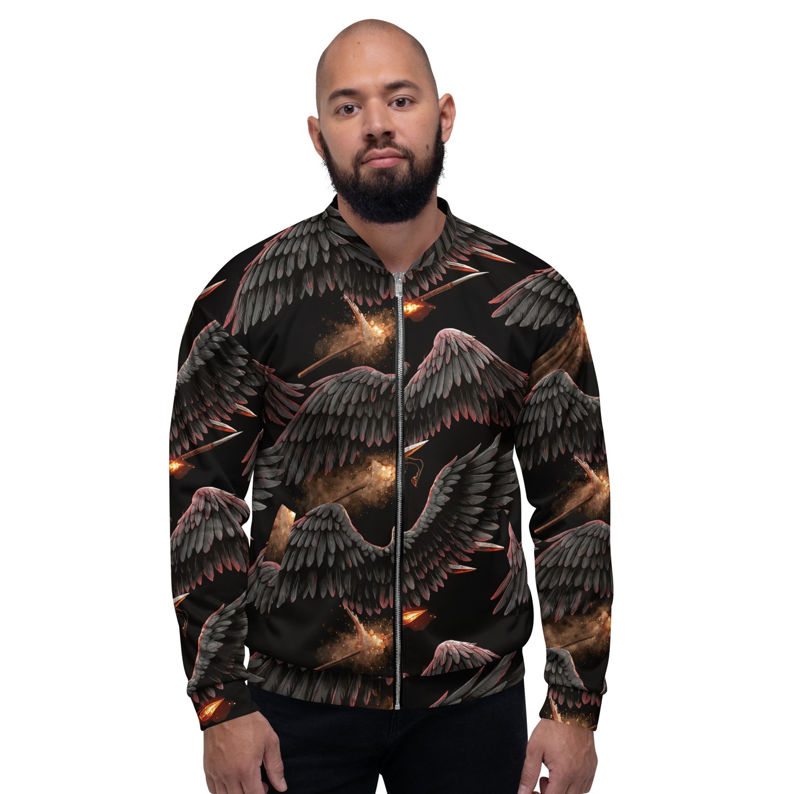 Męska bluza bomber z grafiką czarnych skrzydeł i płonących włóczni| Zarn.pl męska bluza bomber z grafiką czarnych skrzydeł i płonących włóczni