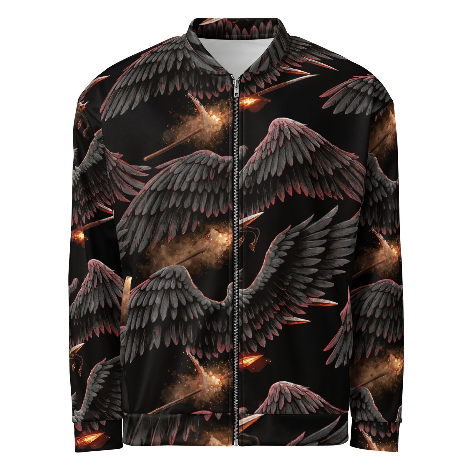 Męska bluza bomber z grafiką czarnych skrzydeł i płonących włóczni| Zarn.pl Męska bluza bomber z grafiką czarnych skrzydeł i płonących włóczni - obrazek 2