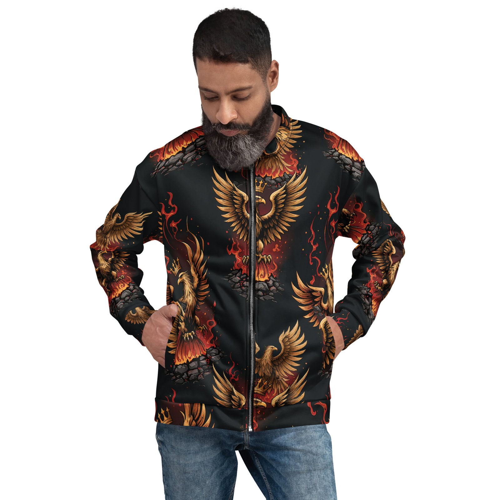 Męska bluza bomber z grafiką złotego orła i płomieni| Zarn.pl męska bluza bomber z grafiką złotego orła i płomieni