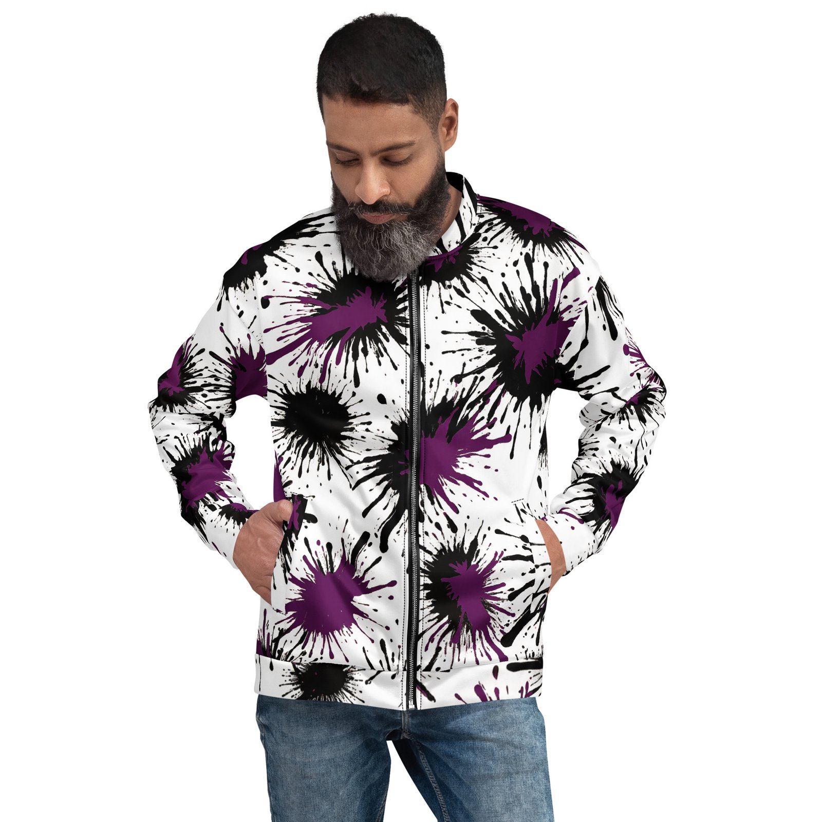 Męska bluza bomber z grafiką fioletowych i czarnych plam farby| Zarn.pl męska bluza bomber z grafiką fioletowych i czarnych plam farby