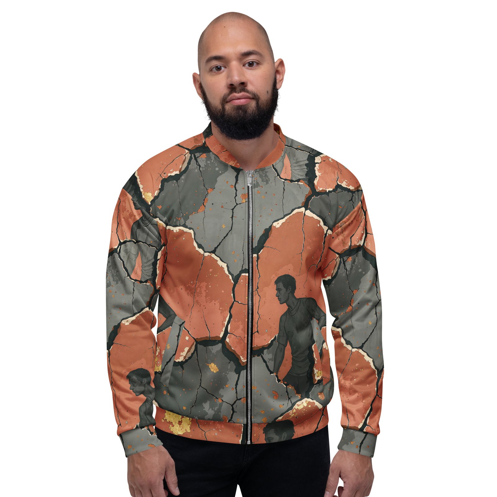 Męska bluza bomber z grafiką pękającego muru i sylwetki człowieka| Zarn.pl Męska bluza bomber z grafiką pękającego muru i sylwetki człowieka - obrazek 6