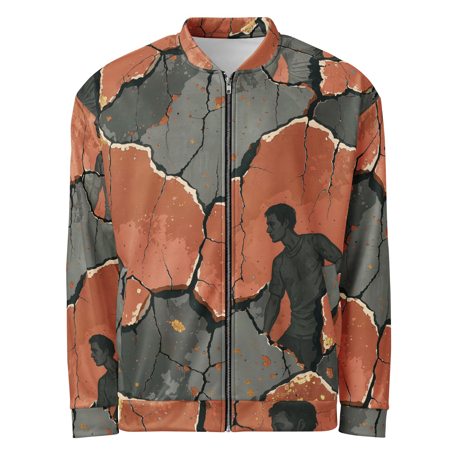 Męska bluza bomber z grafiką pękającego muru i sylwetki człowieka| Zarn.pl Męska bluza bomber z grafiką pękającego muru i sylwetki człowieka - obrazek 2
