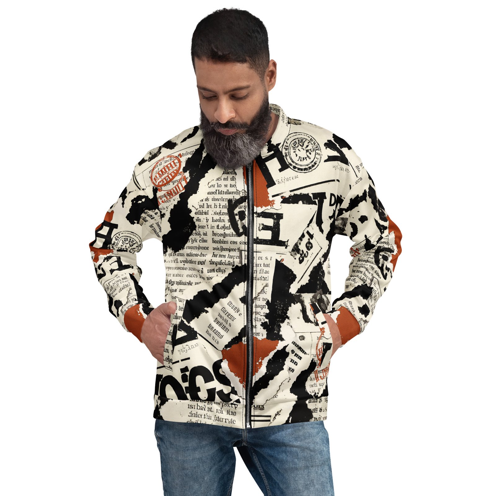 Męska bluza bomber z grafiką gazet, typografii i stempli vintage| Zarn.pl męska bluza bomber z grafiką gazet, typografii i stempli vintage