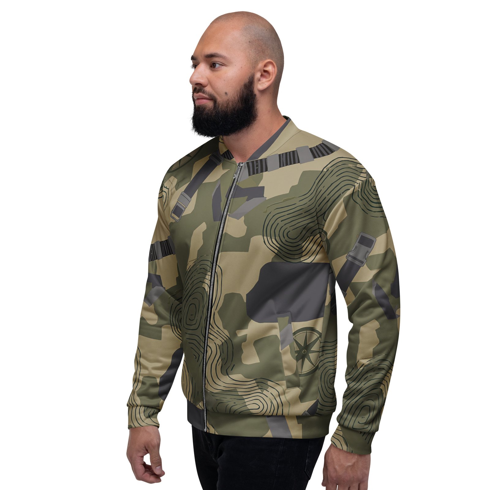Męska bluza bomber z grafiką pasów taktycznych, kamuflażu i poziomic| Zarn.pl Męska bluza bomber z grafiką pasów taktycznych, kamuflażu i poziomic - obrazek 8