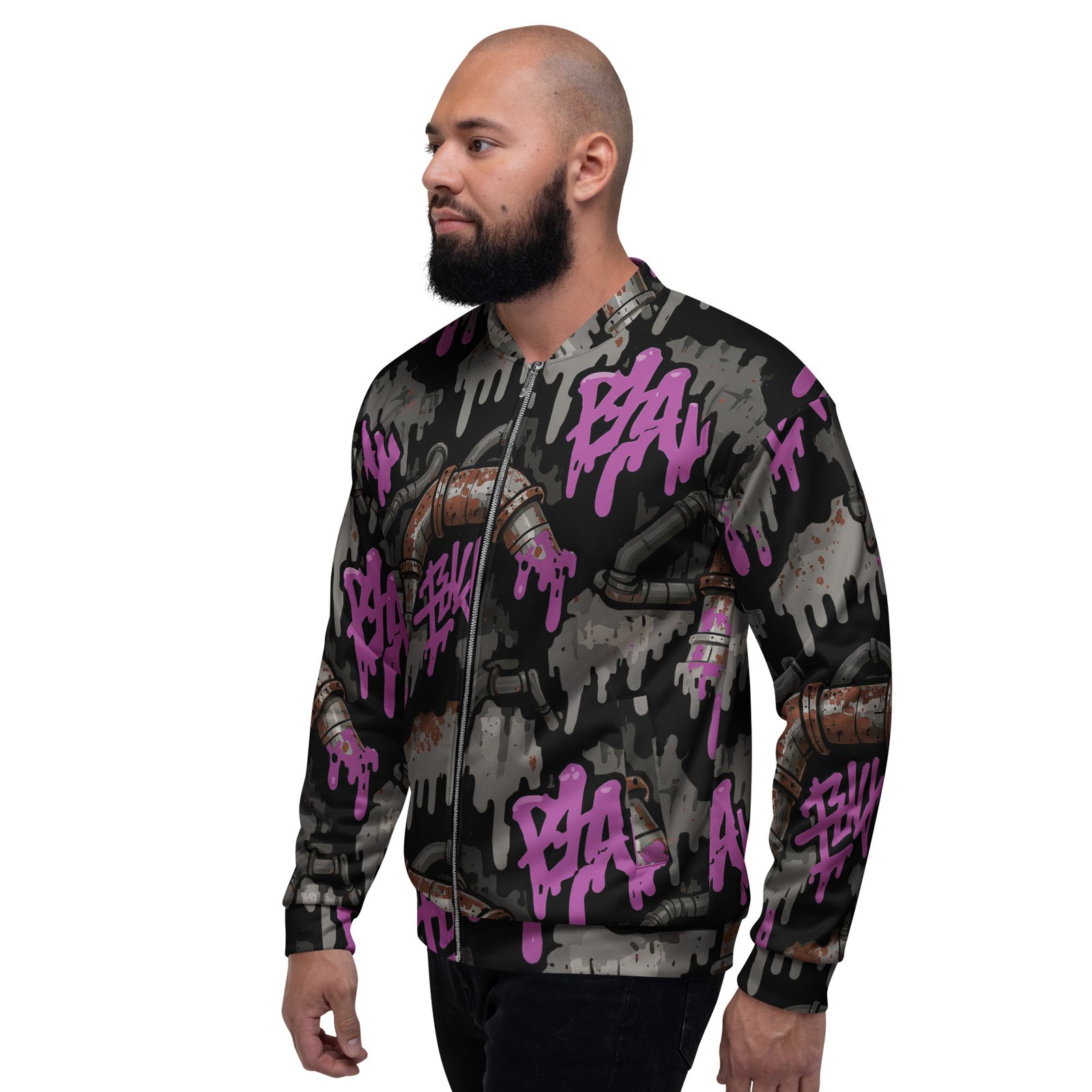 Męska bluza bomber z grafiką graffiti i industrialnych rur| Zarn.pl Męska bluza bomber z grafiką graffiti i industrialnych rur - obrazek 8