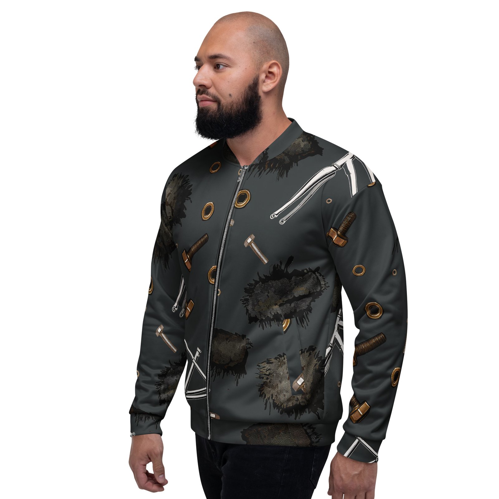 Męska bluza bomber z grafiką części rowerowych i śrub| Zarn.pl Męska bluza bomber z grafiką części rowerowych i śrub - obrazek 8