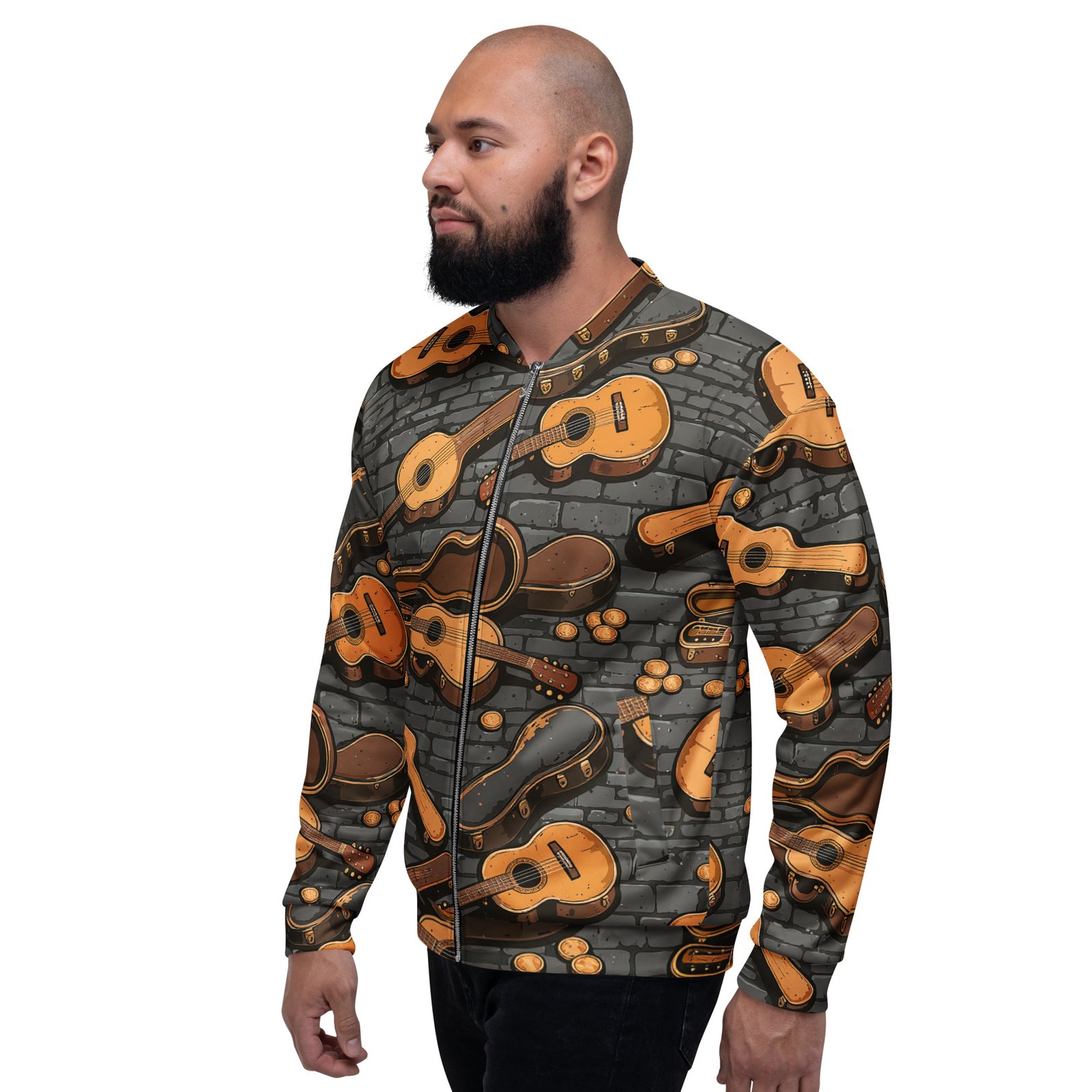 Męska bluza bomber z grafiką gitar akustycznych i futerałów| Zarn.pl Męska bluza bomber z grafiką gitar akustycznych i futerałów - obrazek 8