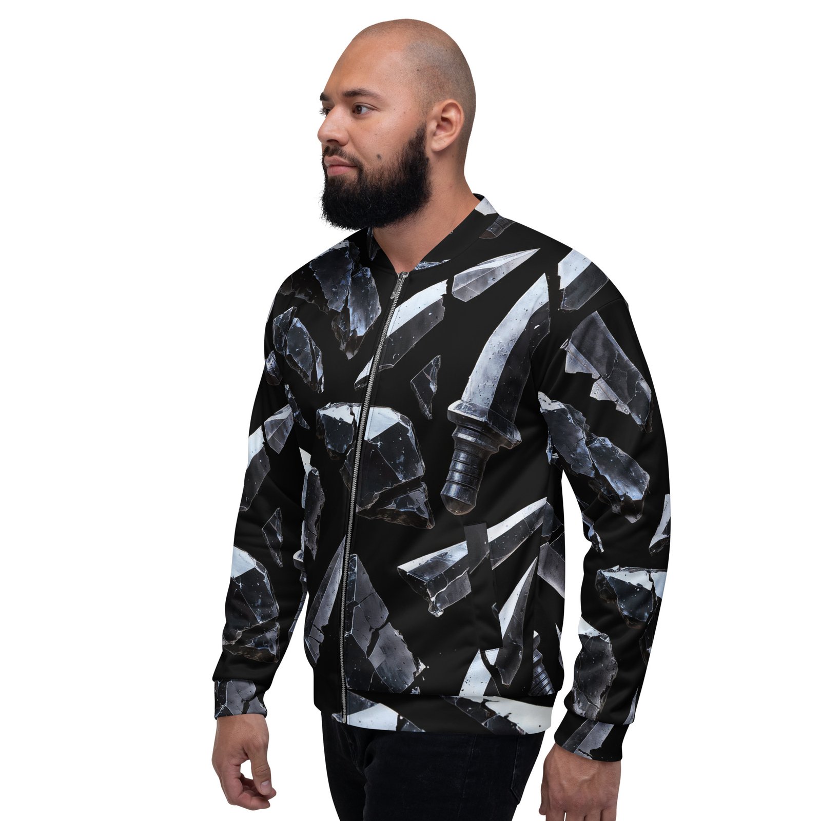 Męska bluza bomber z grafiką obsydianowych ostrzy i czarnych kryształów| Zarn.pl Męska bluza bomber z grafiką obsydianowych ostrzy i czarnych kryształów - obrazek 8
