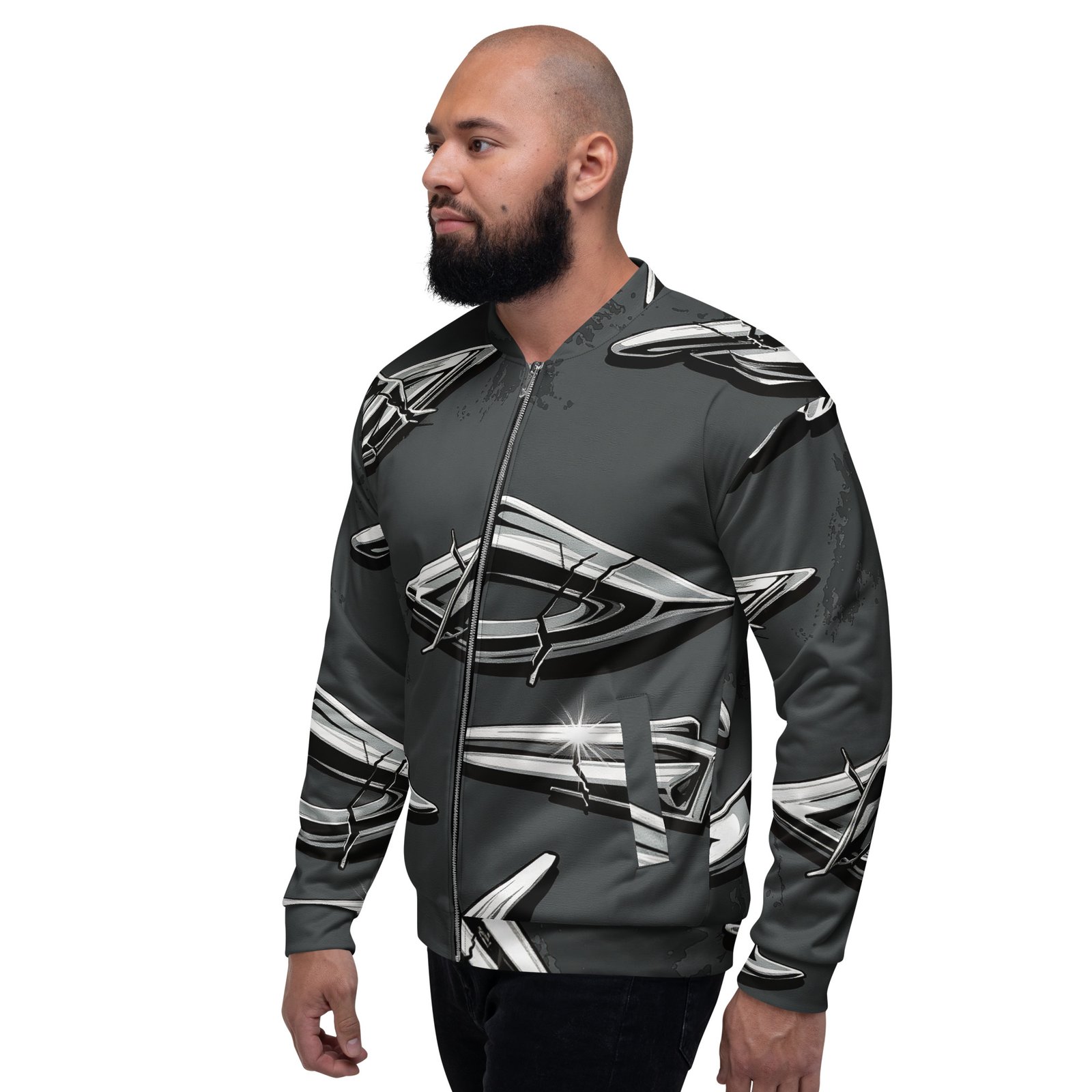 Męska bluza bomber z grafiką srebrnych chromowanych emblematów| Zarn.pl Męska bluza bomber z grafiką srebrnych chromowanych emblematów - obrazek 8