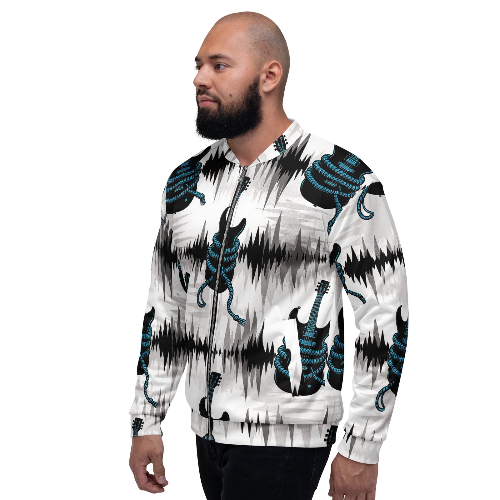 Męska bluza bomber z grafiką gitary elektrycznej i fal dźwiękowych| Zarn.pl Męska bluza bomber z grafiką gitary elektrycznej i fal dźwiękowych - obrazek 8