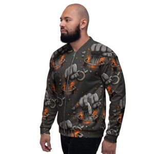 męska bluza bomber z grafiką zaciśniętej pięści i płonących obręczy