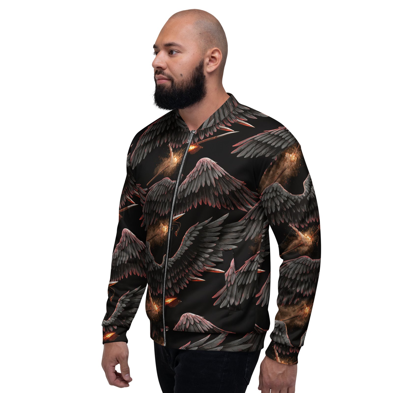 Męska bluza bomber z grafiką czarnych skrzydeł i płonących włóczni| Zarn.pl Męska bluza bomber z grafiką czarnych skrzydeł i płonących włóczni - obrazek 8