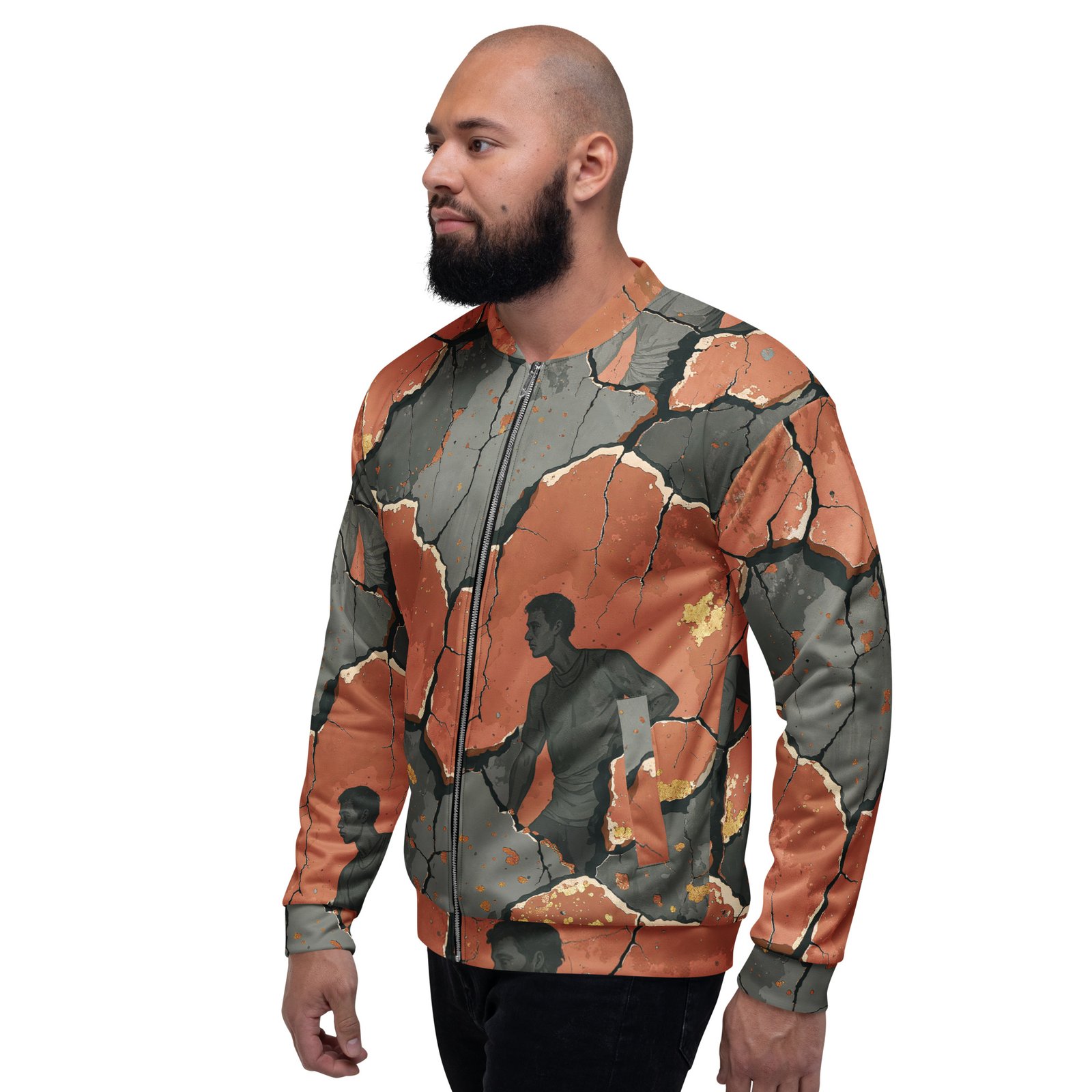 Męska bluza bomber z grafiką pękającego muru i sylwetki człowieka| Zarn.pl Męska bluza bomber z grafiką pękającego muru i sylwetki człowieka - obrazek 8