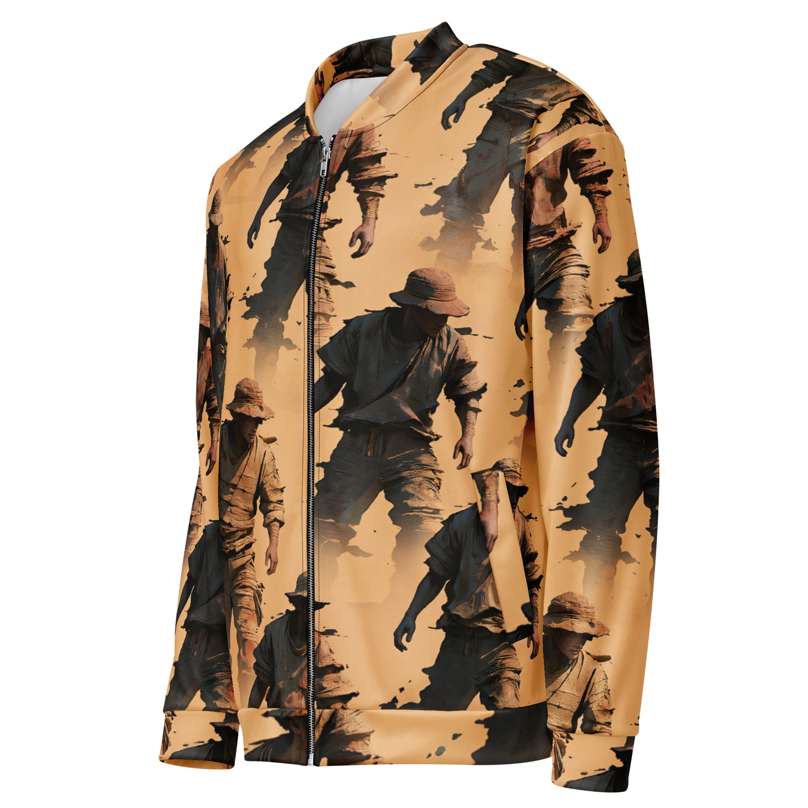 Męska bluza bomber z grafiką tajemniczych postaci w pustynnym klimacie| Zarn.pl Męska bluza bomber z grafiką tajemniczych postaci w pustynnym klimacie - obrazek 4