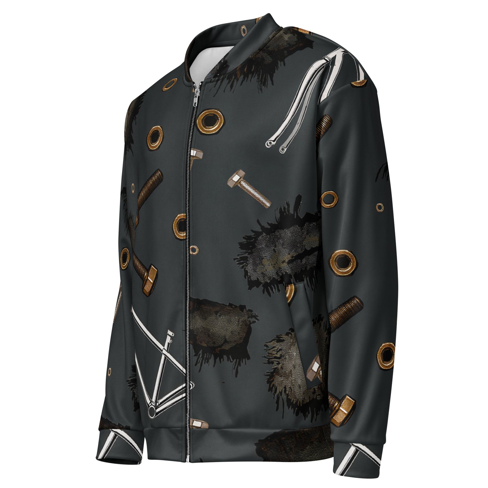 Męska bluza bomber z grafiką części rowerowych i śrub| Zarn.pl Męska bluza bomber z grafiką części rowerowych i śrub - obrazek 4