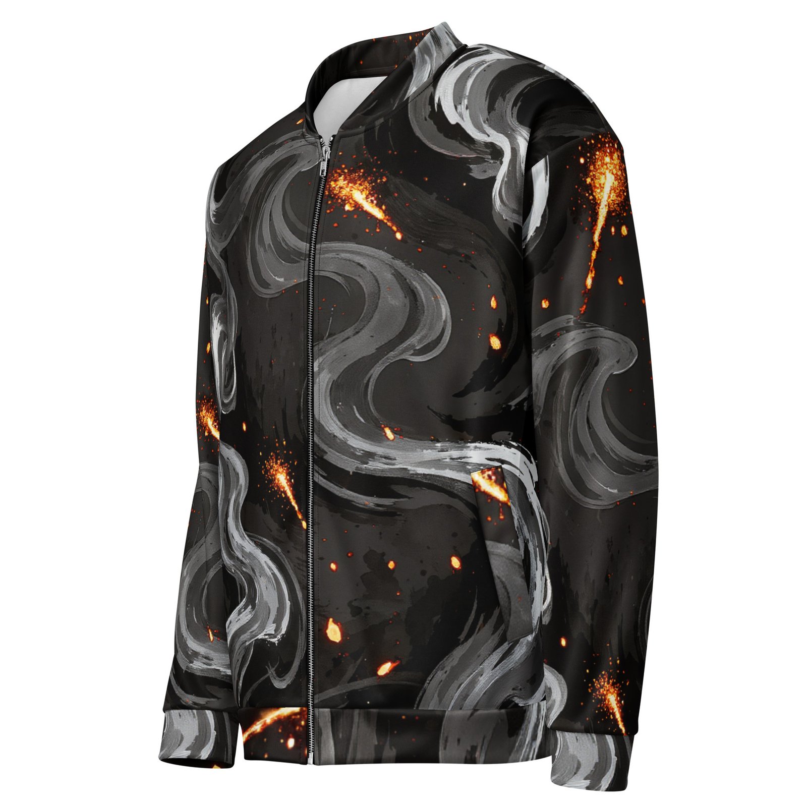 Męska bluza bomber z grafiką abstrakcyjnych smug dymu i iskier| Zarn.pl Męska bluza bomber z grafiką abstrakcyjnych smug dymu i iskier - obrazek 4