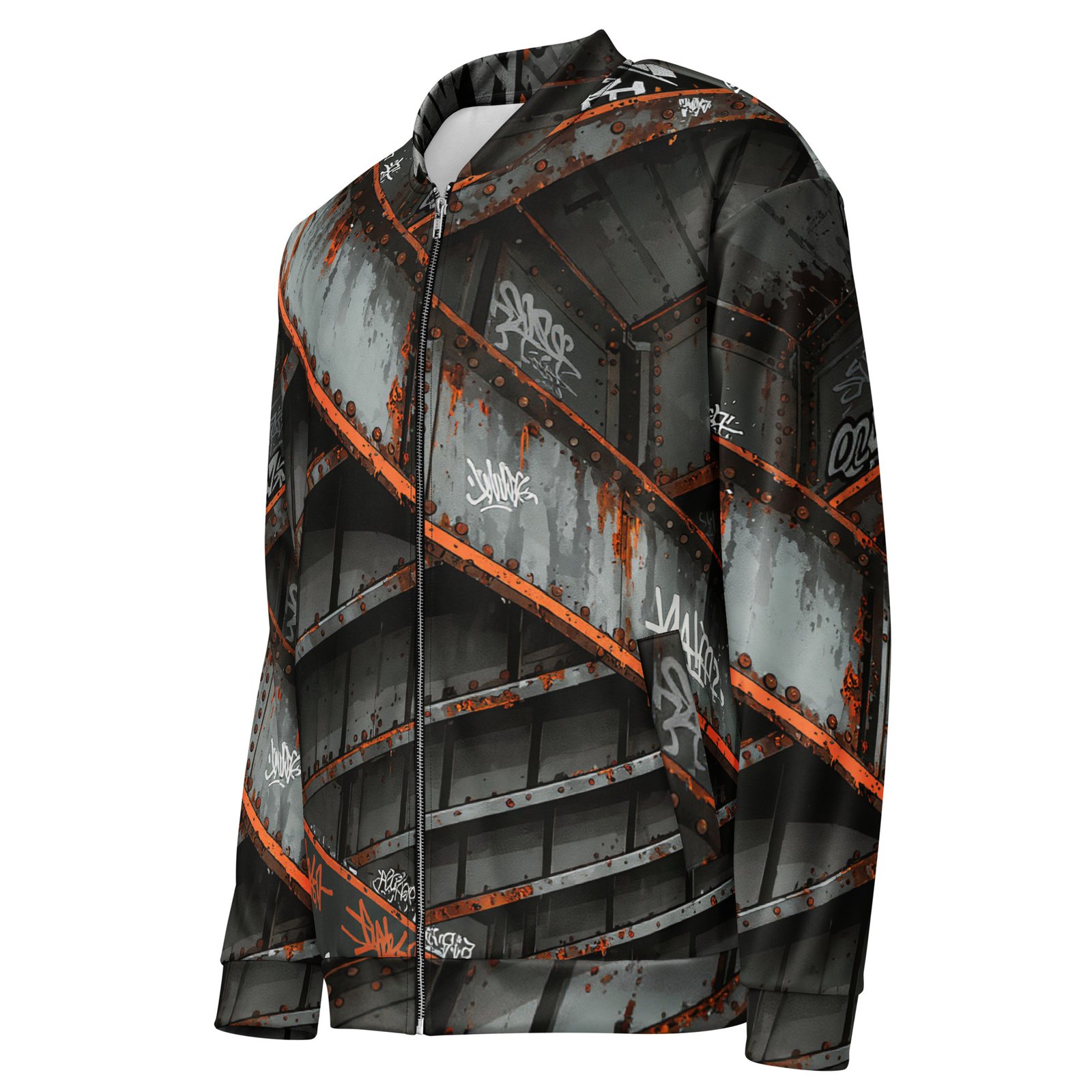 Męska bluza bomber z grafiką industrialnej konstrukcji i graffiti| Zarn.pl Męska bluza bomber z grafiką industrialnej konstrukcji i graffiti - obrazek 4