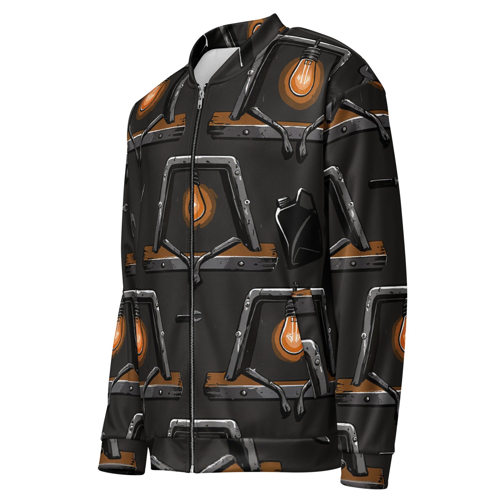 Męska bluza bomber z grafiką industrialnych lamp i narzędzi| Zarn.pl Męska bluza bomber z grafiką industrialnych lamp i narzędzi - obrazek 4