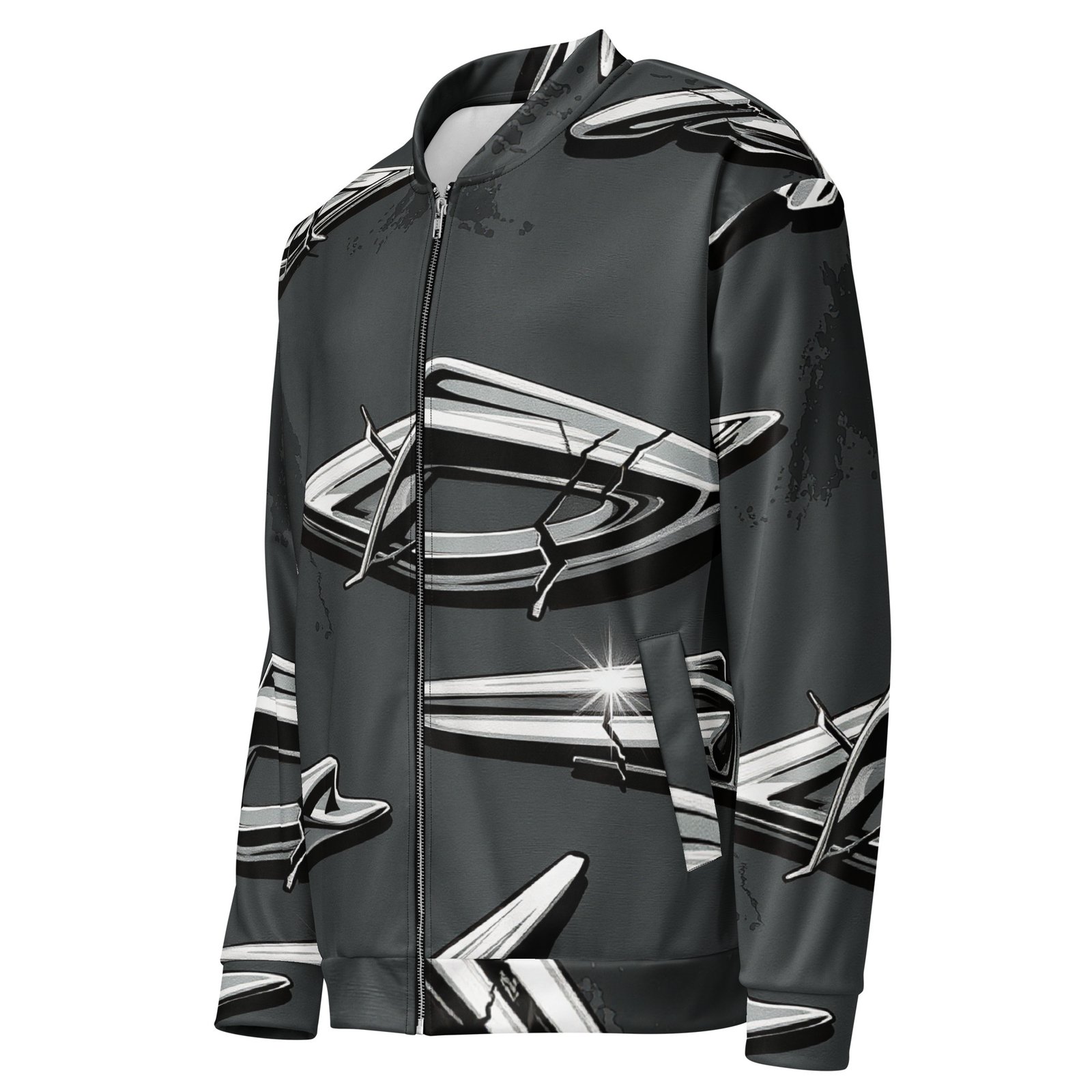 Męska bluza bomber z grafiką srebrnych chromowanych emblematów| Zarn.pl Męska bluza bomber z grafiką srebrnych chromowanych emblematów - obrazek 4