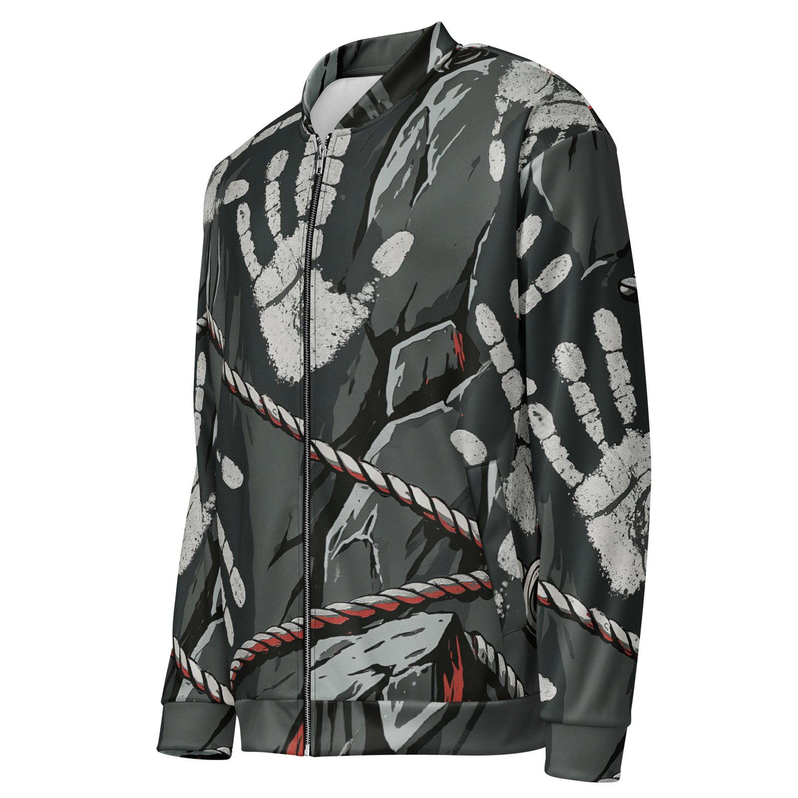 Męska bluza bomber z grafiką odcisków dłoni na skalnym tle| Zarn.pl Męska bluza bomber z grafiką odcisków dłoni na skalnym tle - obrazek 4
