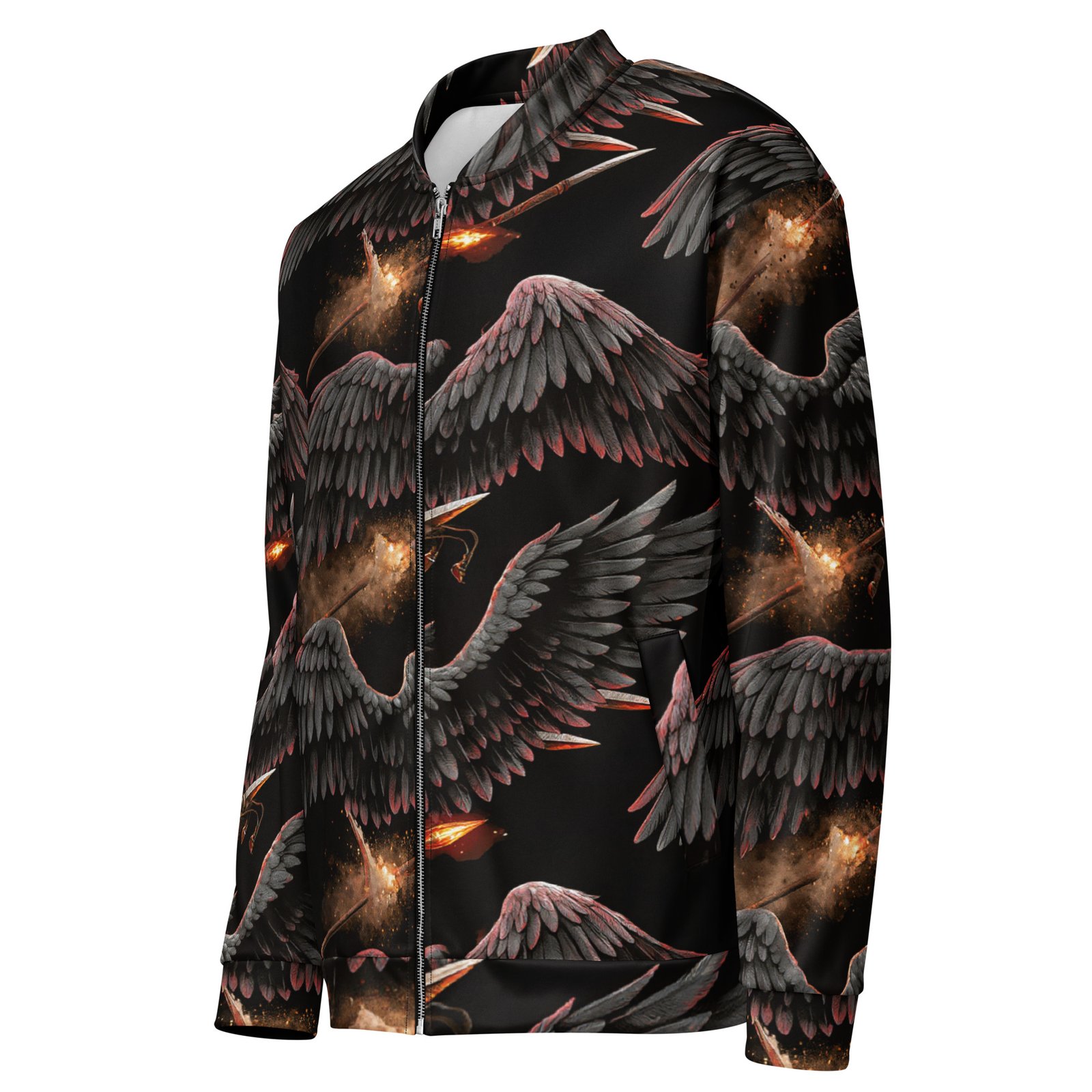 Męska bluza bomber z grafiką czarnych skrzydeł i płonących włóczni| Zarn.pl Męska bluza bomber z grafiką czarnych skrzydeł i płonących włóczni - obrazek 4