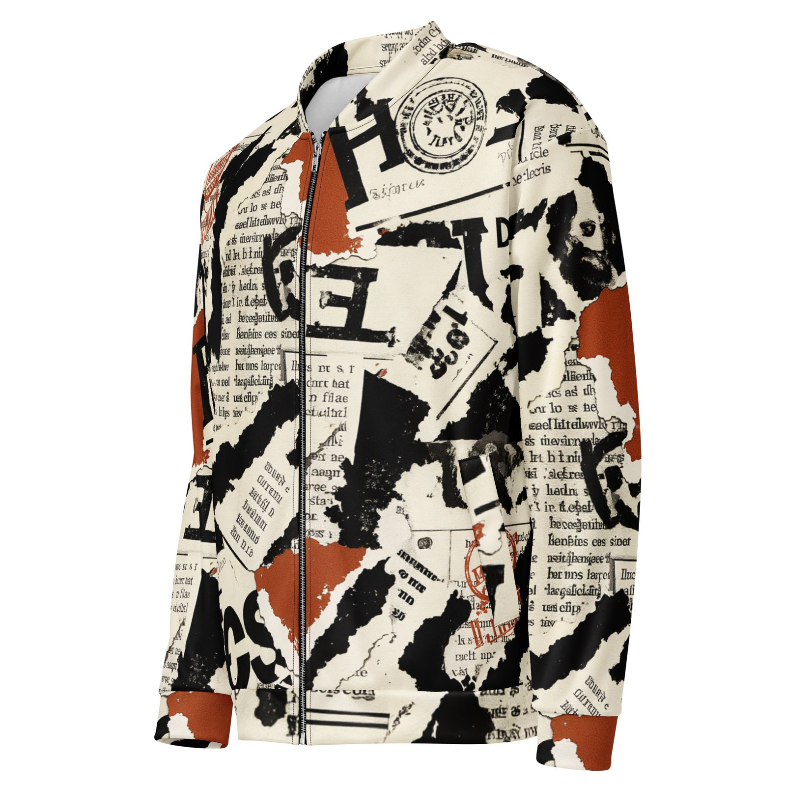 Męska bluza bomber z grafiką gazet, typografii i stempli vintage| Zarn.pl Męska bluza bomber z grafiką gazet, typografii i stempli vintage - obrazek 4