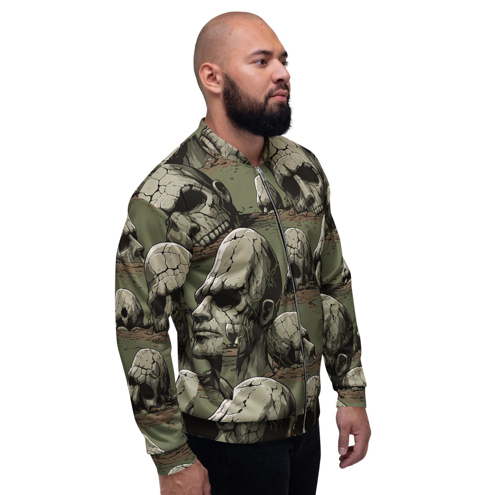 Męska bluza bomber z grafiką czaszek w postapokaliptycznym stylu| Zarn.pl męska bluza bomber z grafiką czaszek w postapokaliptycznym stylu