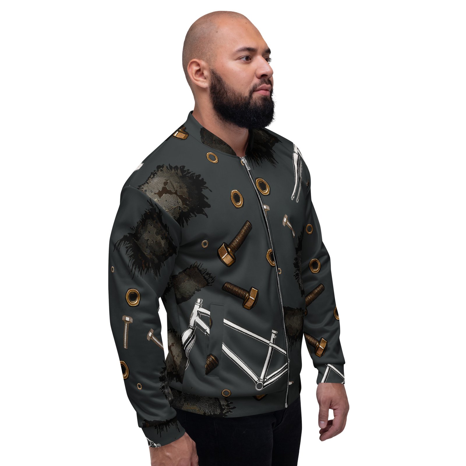 Męska bluza bomber z grafiką części rowerowych i śrub| Zarn.pl męska bluza bomber z grafiką części rowerowych i śrub