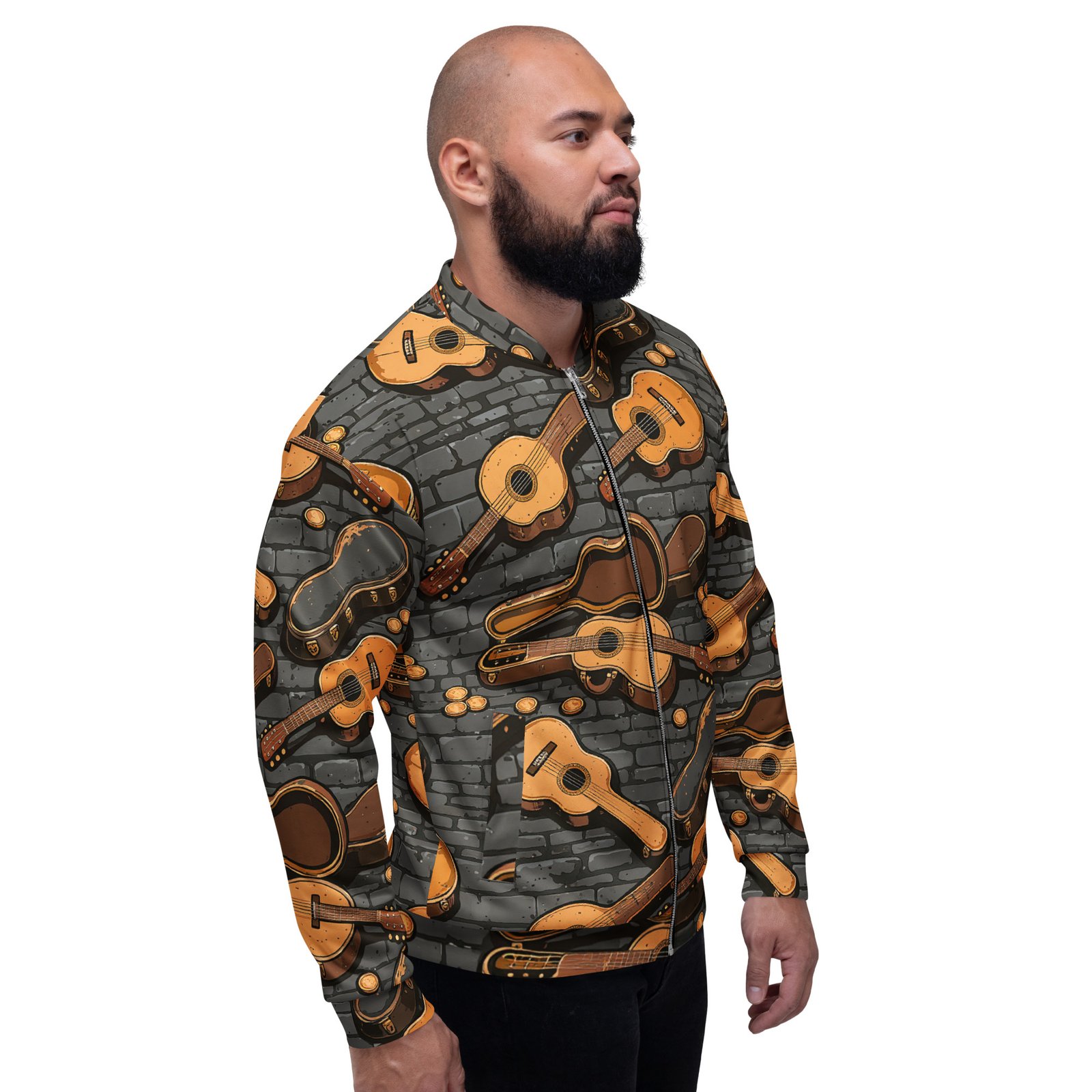 Męska bluza bomber z grafiką gitar akustycznych i futerałów| Zarn.pl Męska bluza bomber z grafiką gitar akustycznych i futerałów - obrazek 7