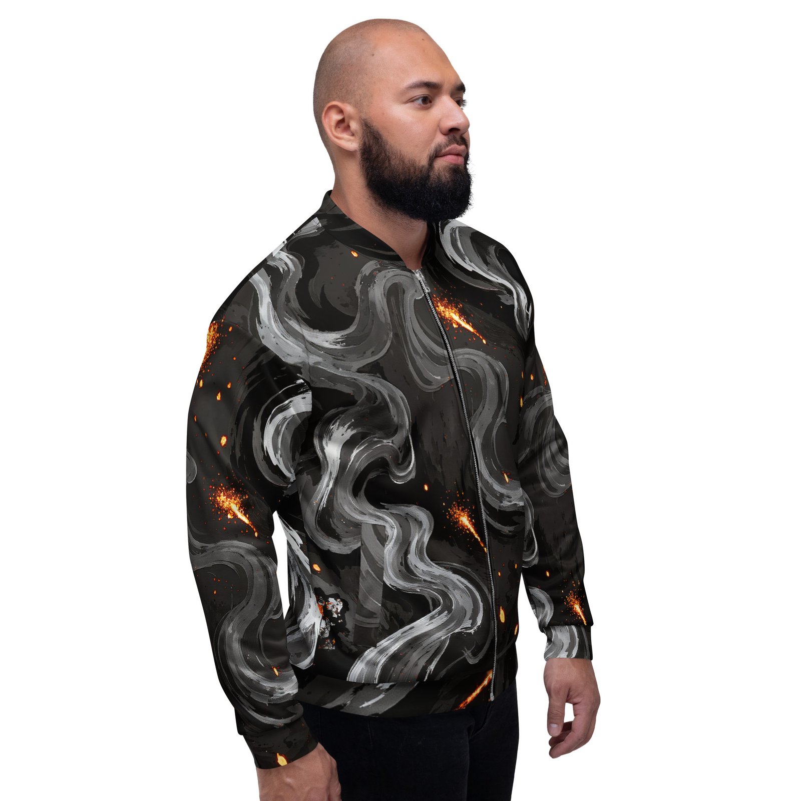 Męska bluza bomber z grafiką abstrakcyjnych smug dymu i iskier| Zarn.pl Męska bluza bomber z grafiką abstrakcyjnych smug dymu i iskier - obrazek 8