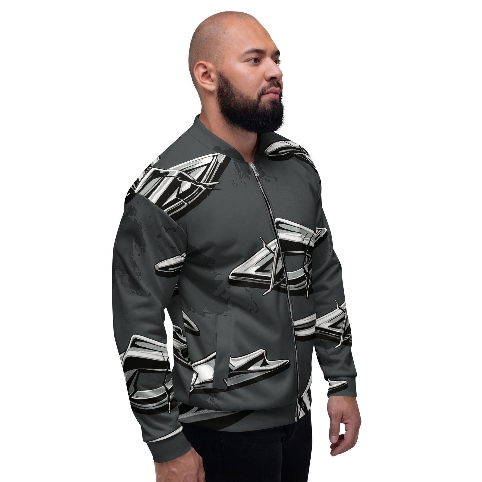 Męska bluza bomber z grafiką srebrnych chromowanych emblematów| Zarn.pl męska bluza bomber z grafiką srebrnych chromowanych emblematów