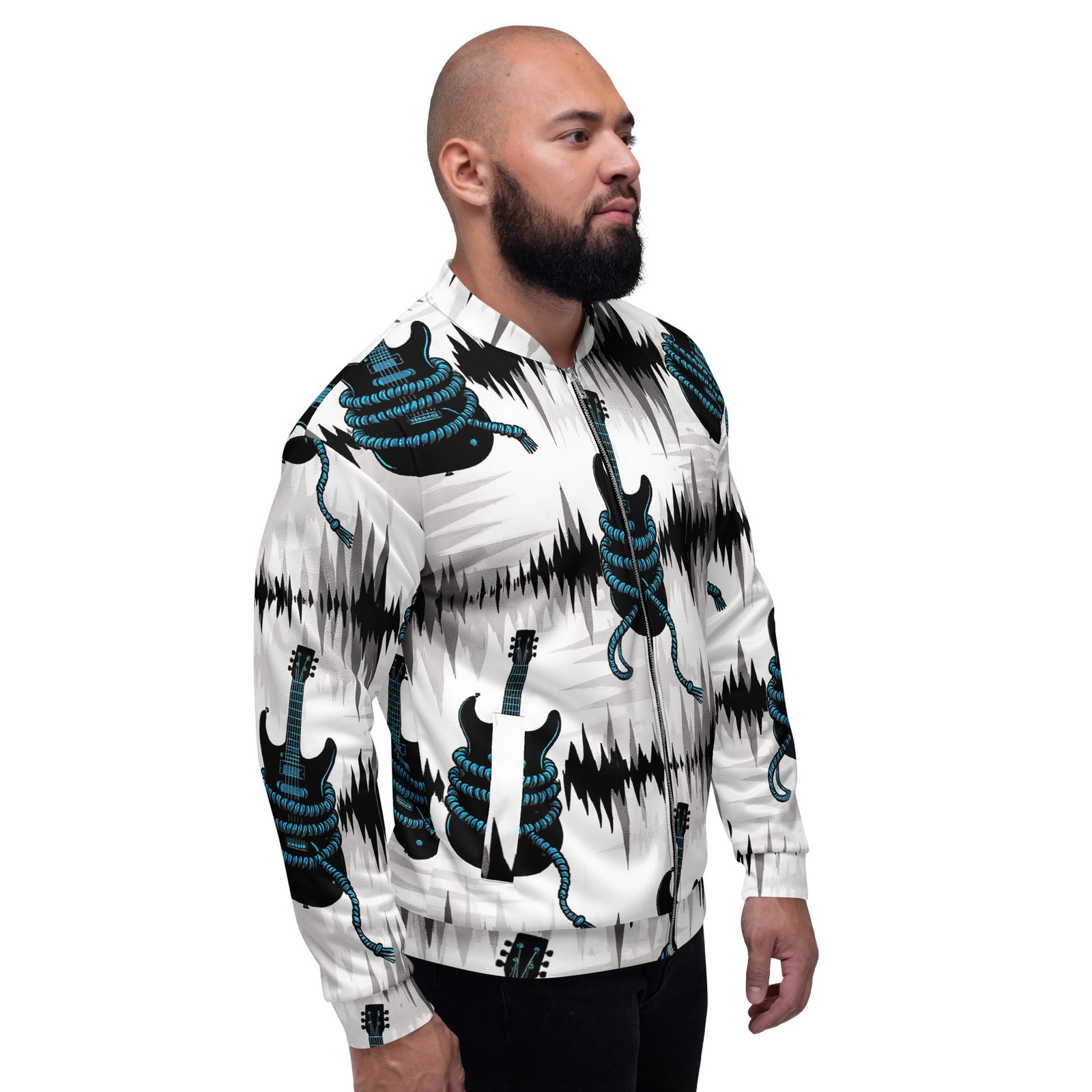 Męska bluza bomber z grafiką gitary elektrycznej i fal dźwiękowych| Zarn.pl Męska bluza bomber z grafiką gitary elektrycznej i fal dźwiękowych - obrazek 7