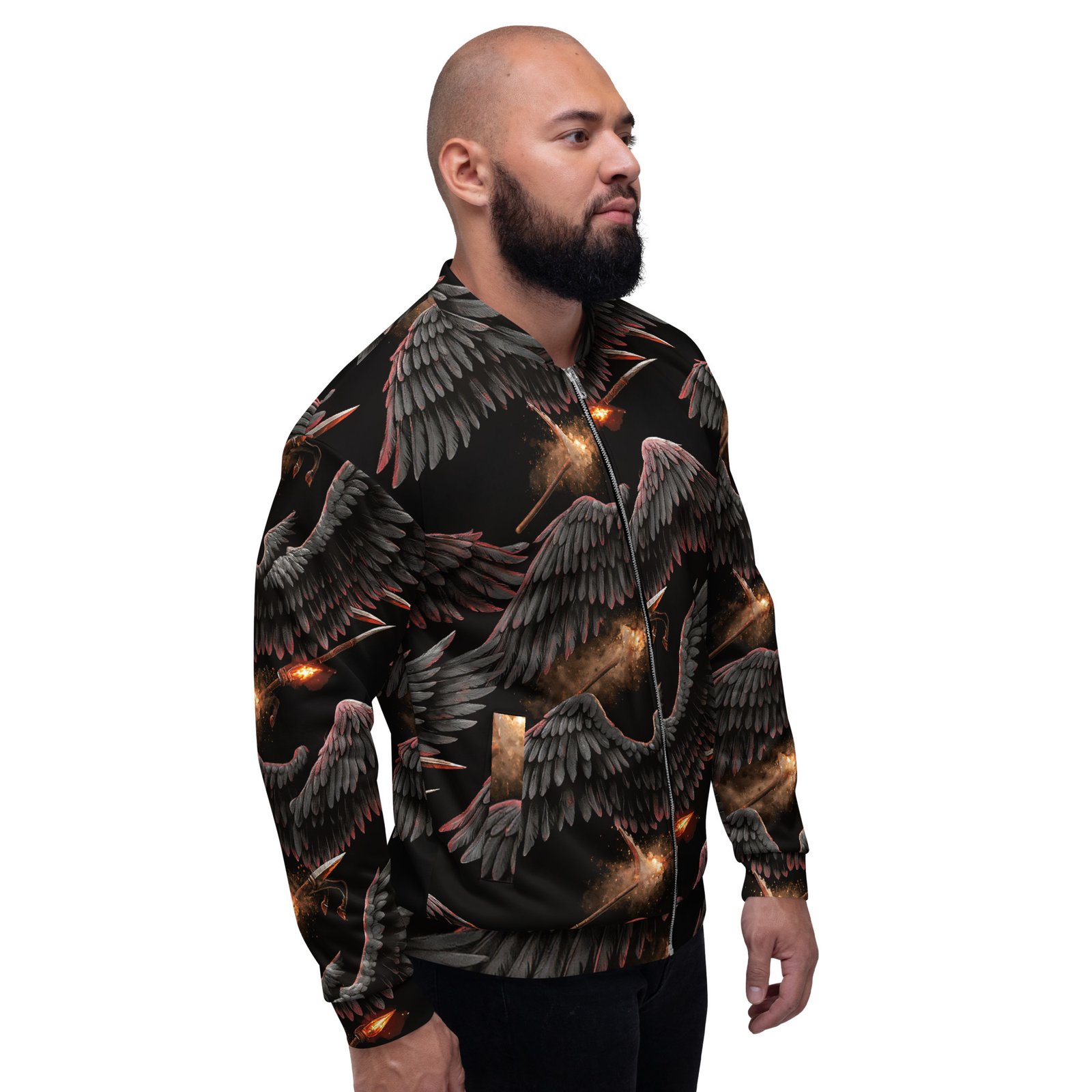 Męska bluza bomber z grafiką czarnych skrzydeł i płonących włóczni| Zarn.pl Męska bluza bomber z grafiką czarnych skrzydeł i płonących włóczni - obrazek 7