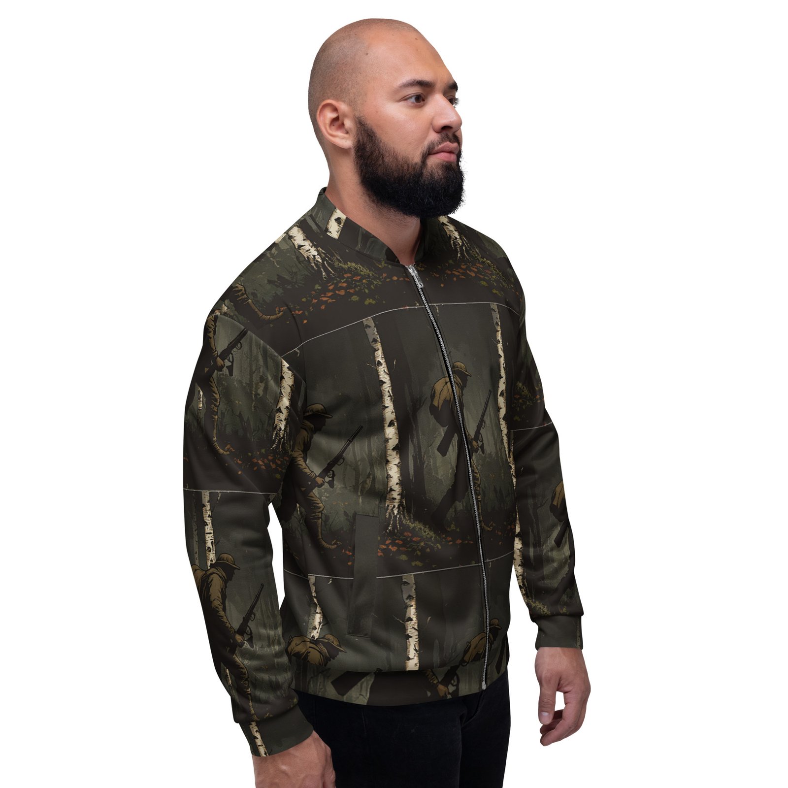 Męska bluza bomber z grafiką żołnierza w lesie| Zarn.pl męska bluza bomber z grafiką żołnierza w lesie