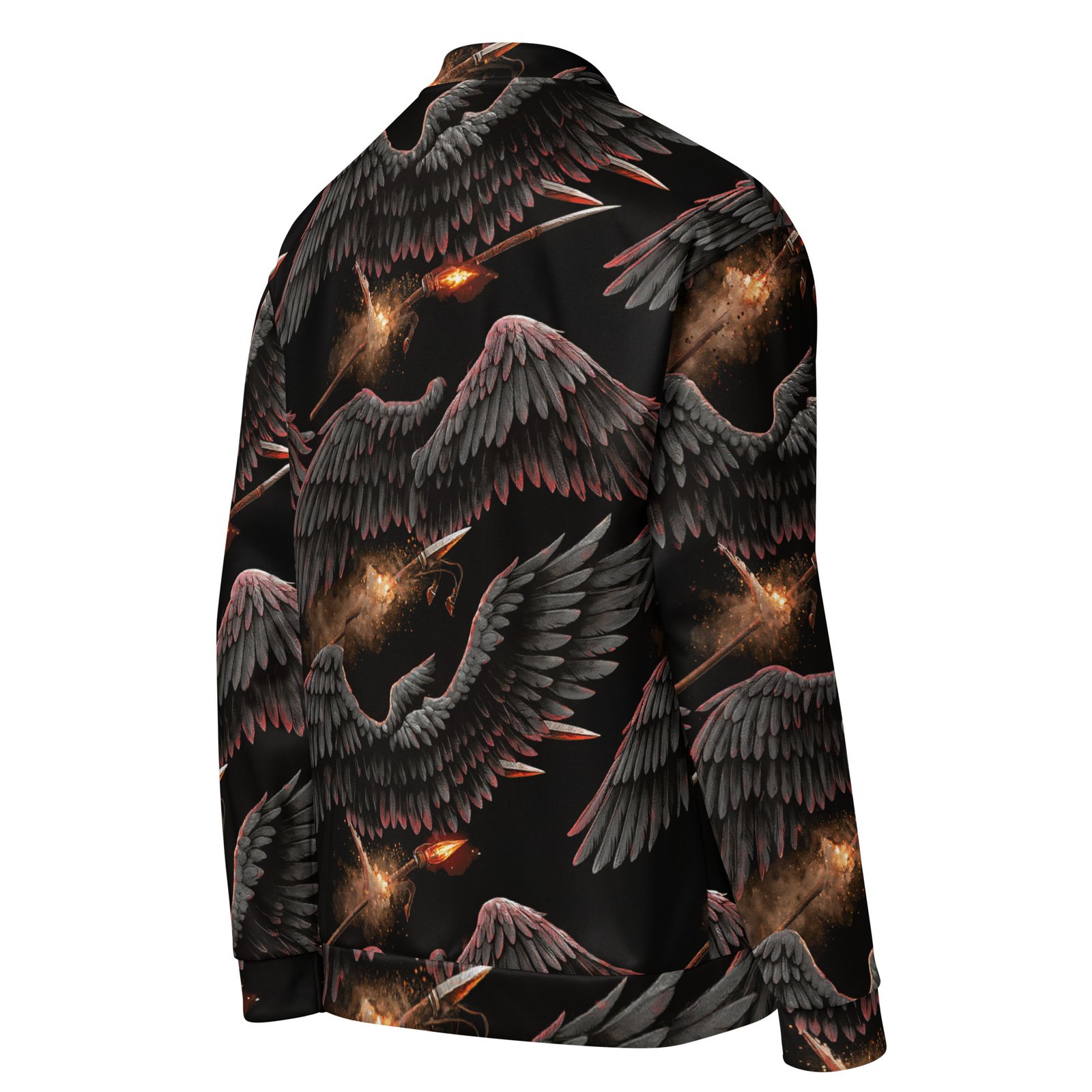 Męska bluza bomber z grafiką czarnych skrzydeł i płonących włóczni| Zarn.pl Męska bluza bomber z grafiką czarnych skrzydeł i płonących włóczni - obrazek 5