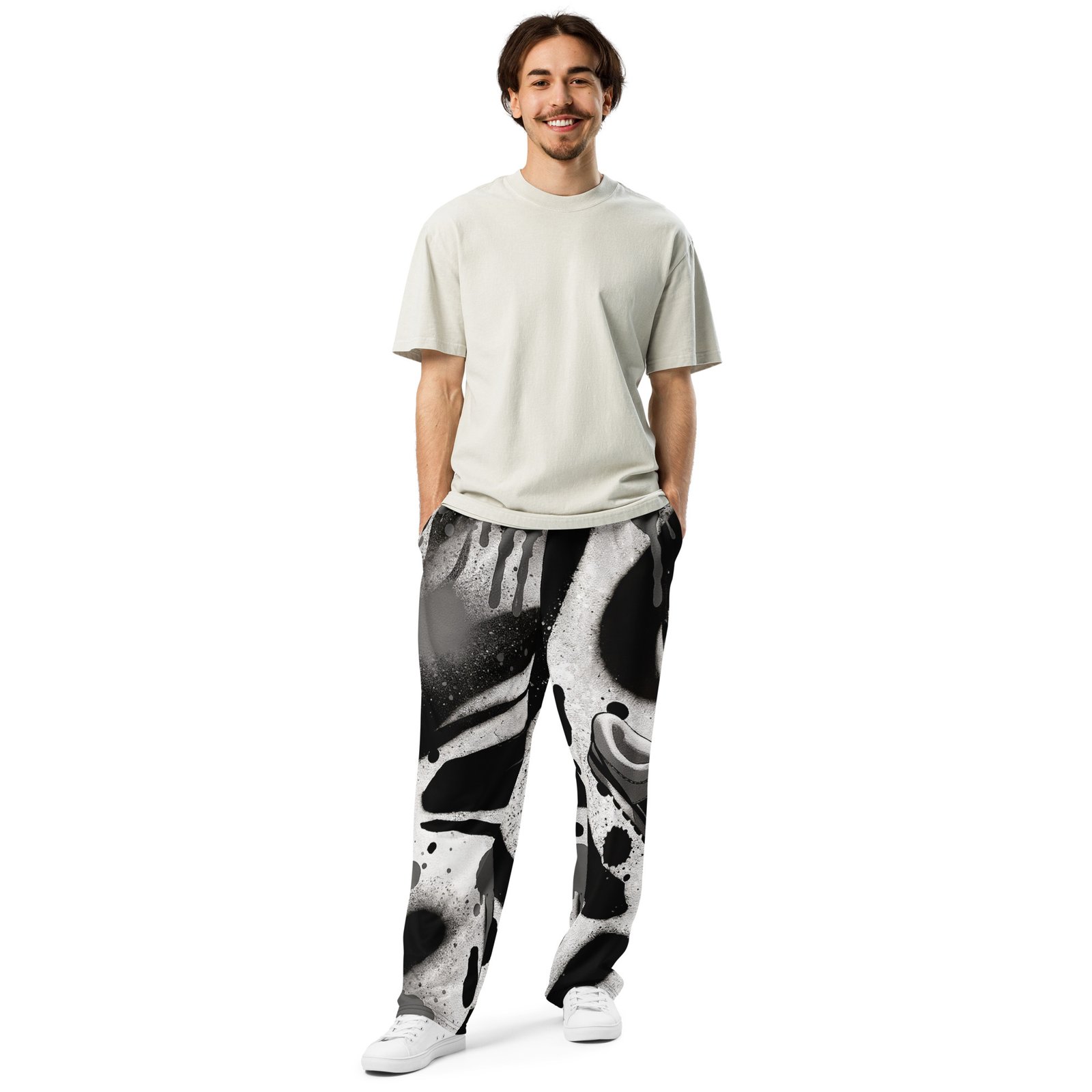 Męskie spodnie jogger z czarno-białą grafiką streetwear i motywem sneakersa| Zarn.pl Męskie spodnie jogger z czarno-białą grafiką streetwear i motywem sneakersa - obrazek 6