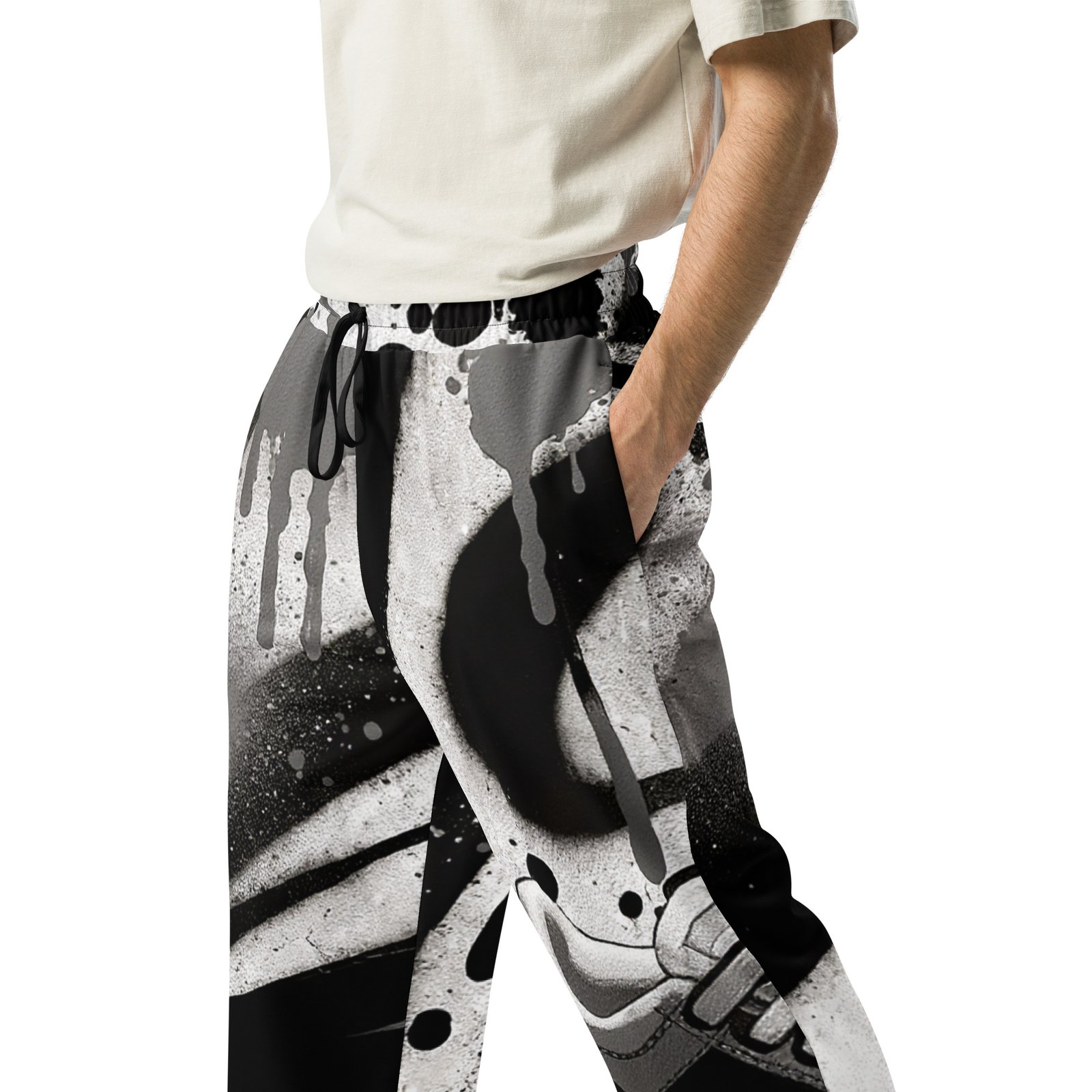Męskie spodnie jogger z czarno-białą grafiką streetwear i motywem sneakersa| Zarn.pl Męskie spodnie jogger z czarno-białą grafiką streetwear i motywem sneakersa - obrazek 8