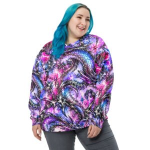 Damska bluza z grafiką fantastycznych smoków w różowo-niebieskich kolorach