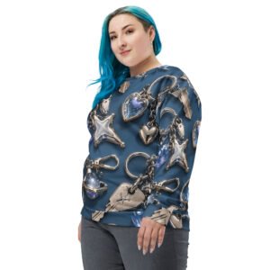 Damska bluza z niebieskimi zawieszkami, sercami i metalicznymi gwiazdami