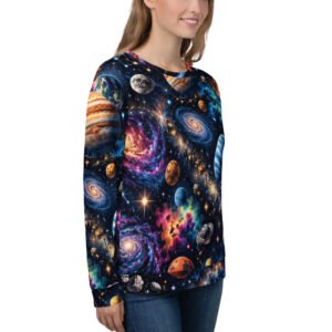 Damska bluza z kosmiczną grafiką planet, galaktyk i gwiazd